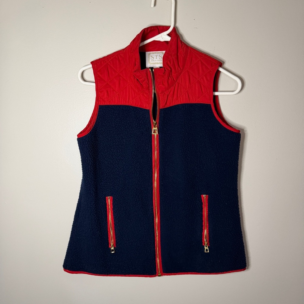 sail to sable navy blue and red fullk zip sherpa vest size small womens